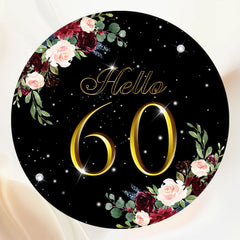 Gold Hello 60 Floral Black Round Birthday Backdrop - Layoris