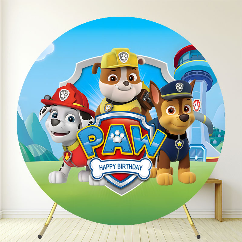 Round Cartoon Dog Team Happy Birthday Backdrop - Layoris