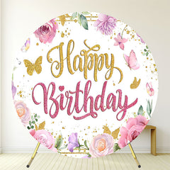 Circular Floral Pink Happy Birthday Backdrop - Layoris