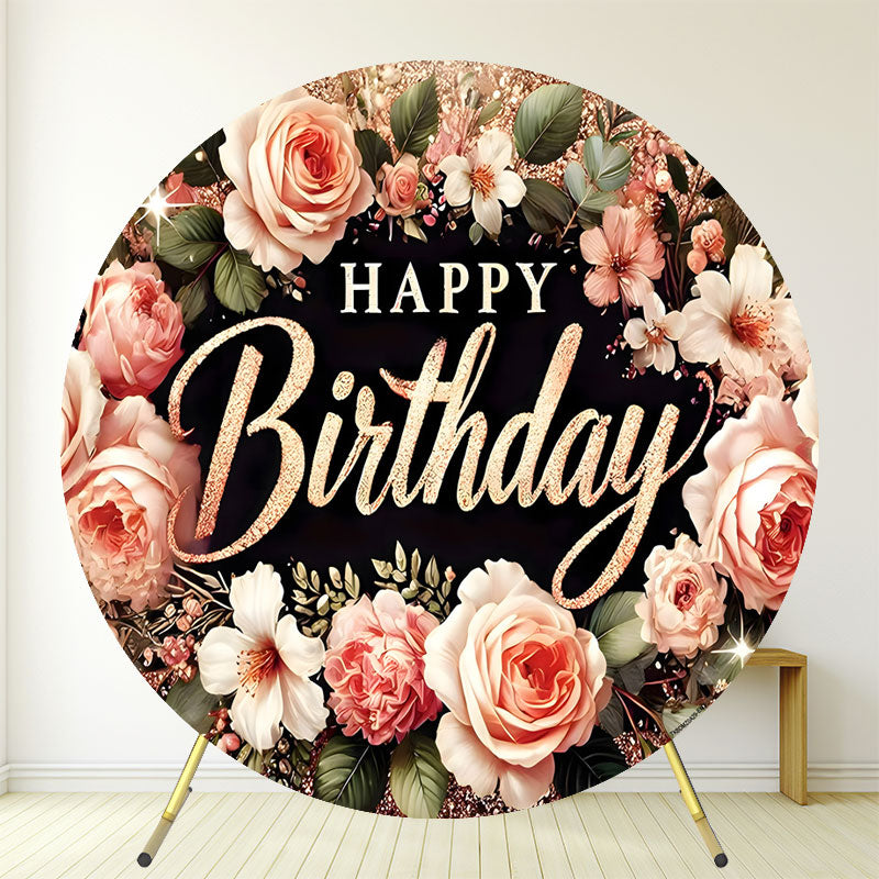 Round Pink Floral Black Happy Birthday Backdrop - Layoris