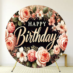 Round Pink Floral Black Happy Birthday Backdrop - Layoris