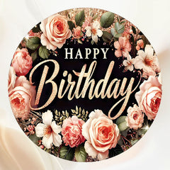 Round Pink Floral Black Happy Birthday Backdrop - Layoris