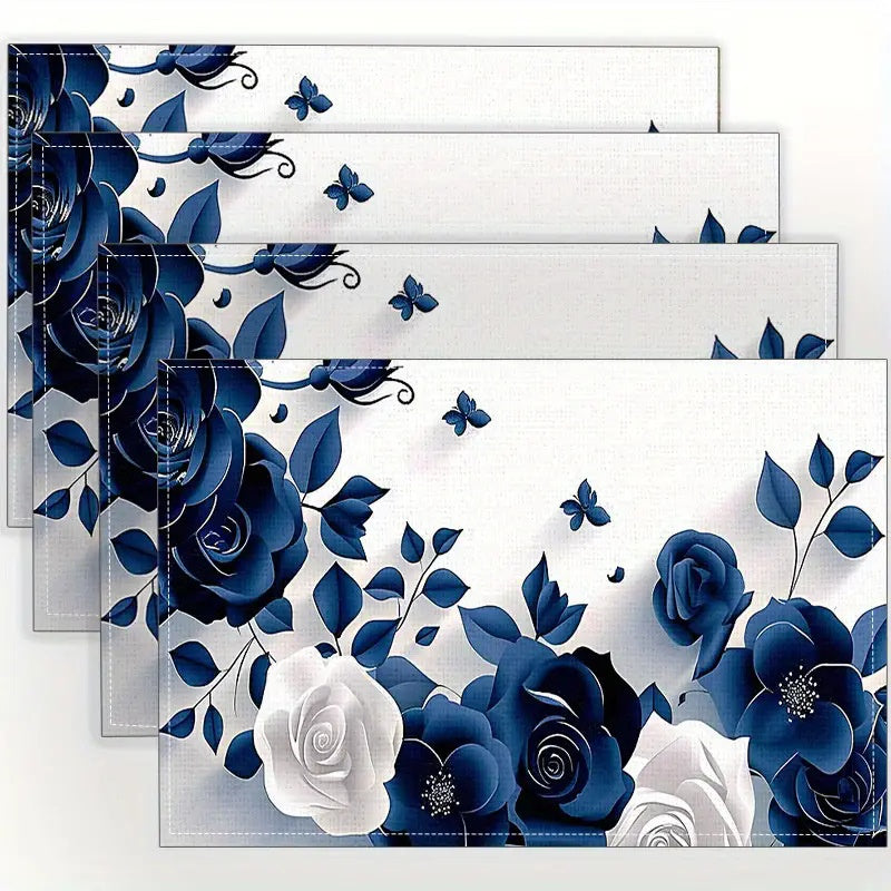 Layoris 3D Dark Blue And White Rose Placemat Set
